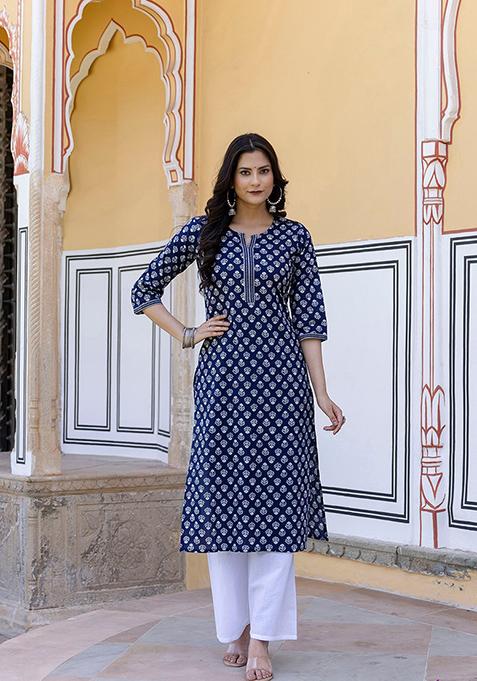 White Ethnic Motifs Printed Cotton Kurta