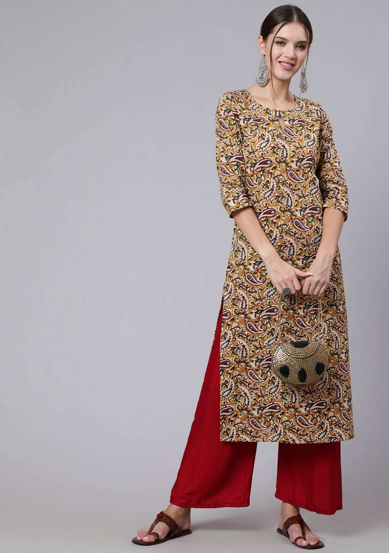 Yellow Printed Pure Cotton Kurta - Indya