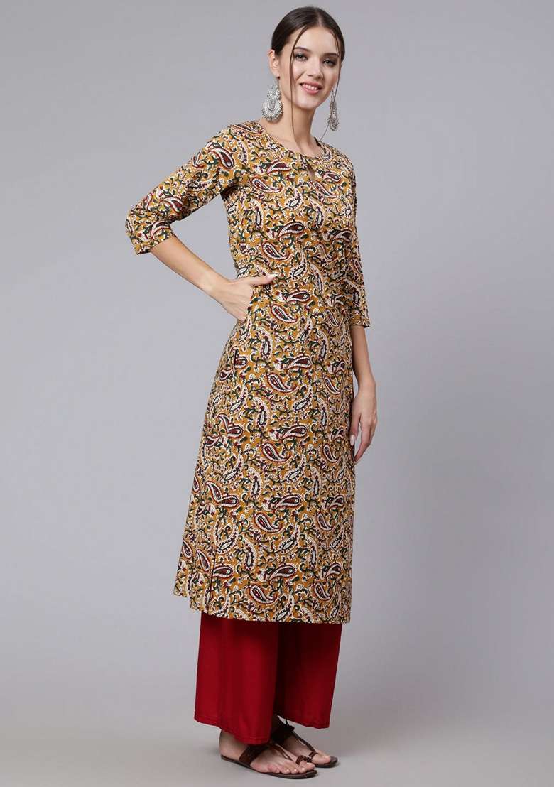 Yellow Printed Pure Cotton Kurta - Indya