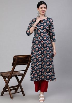 Blue Printed Pure Cotton Kurta