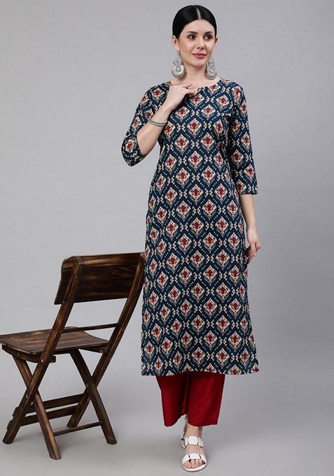 Blue Printed Pure Cotton Kurta