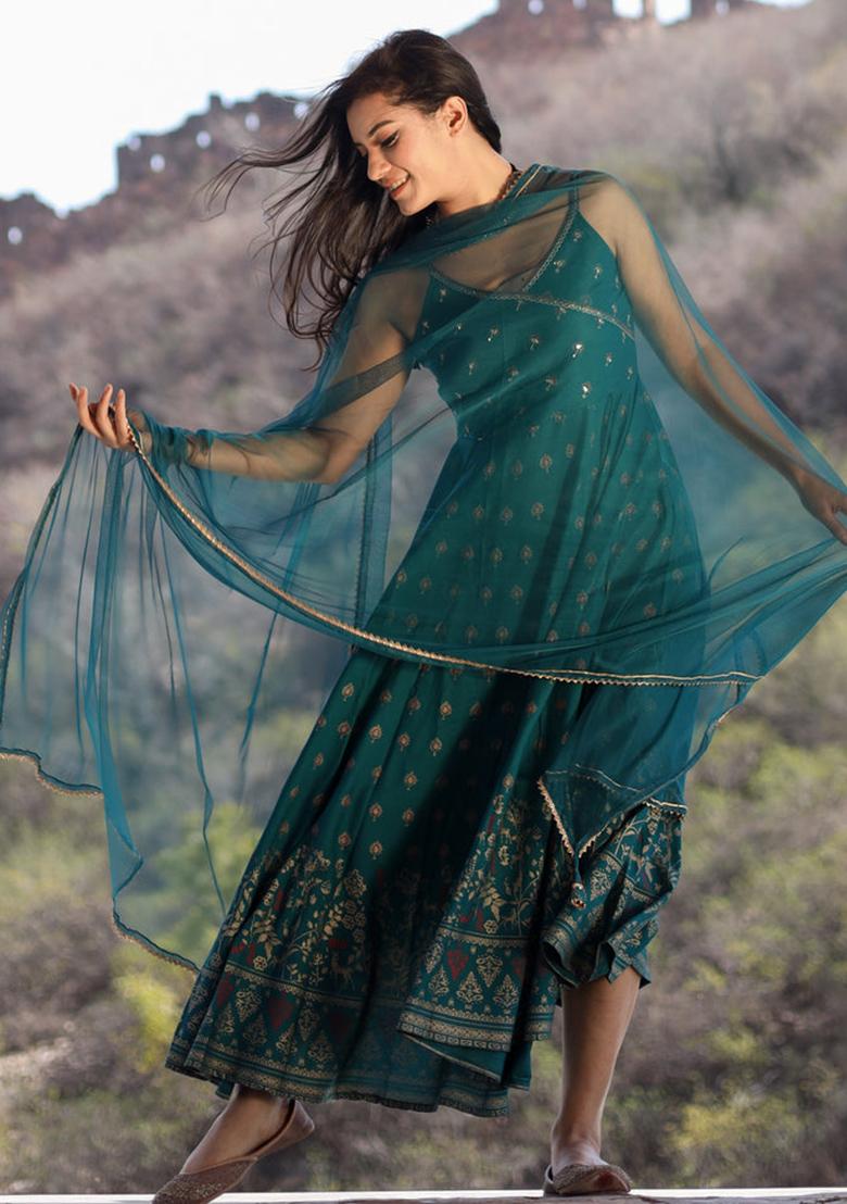 Green Printed Rayon Kurta With Dupatta