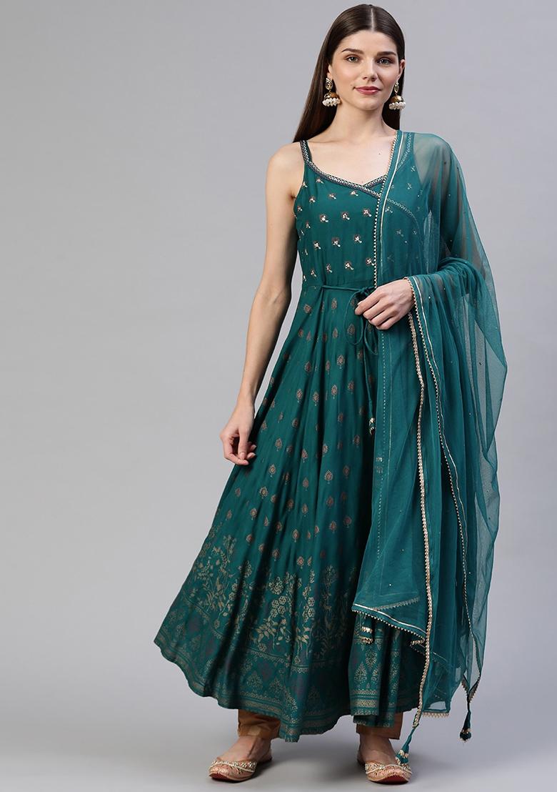 Green Printed Rayon Kurta With Dupatta