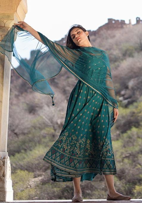 Green Printed Rayon Kurta With Dupatta