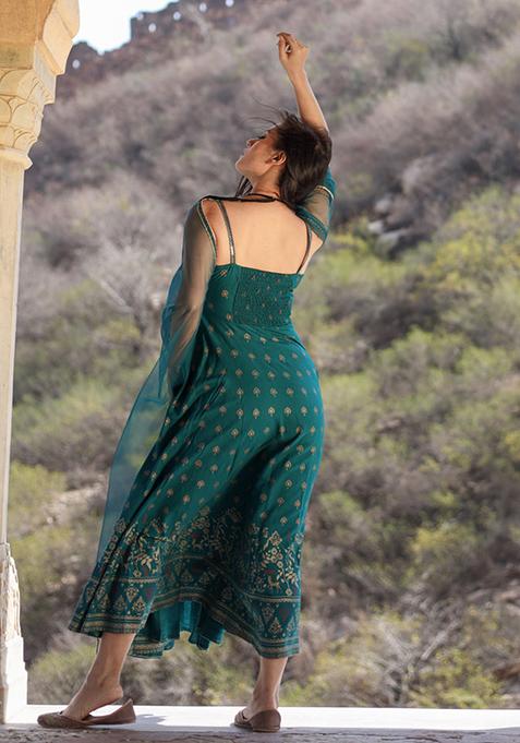 Green Printed Rayon Kurta With Dupatta