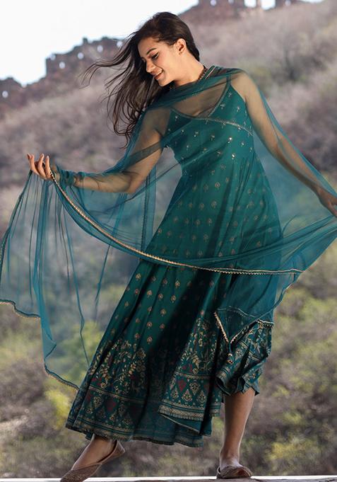 Green Printed Rayon Kurta With Dupatta