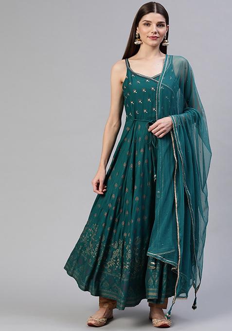 Green Printed Rayon Kurta With Dupatta