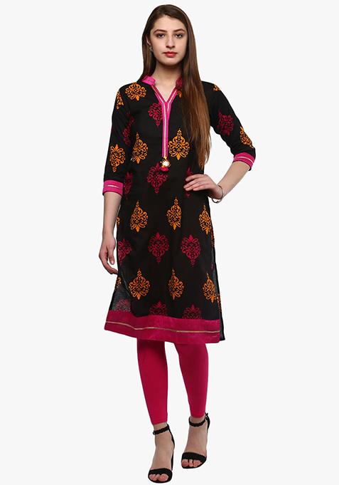 Black Printed Cotton Kurta