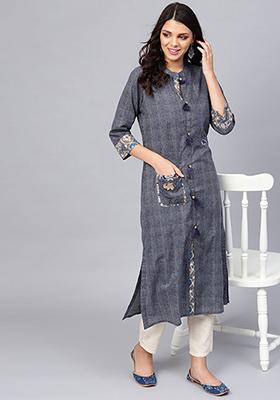 Blue Printed Cotton Kurta