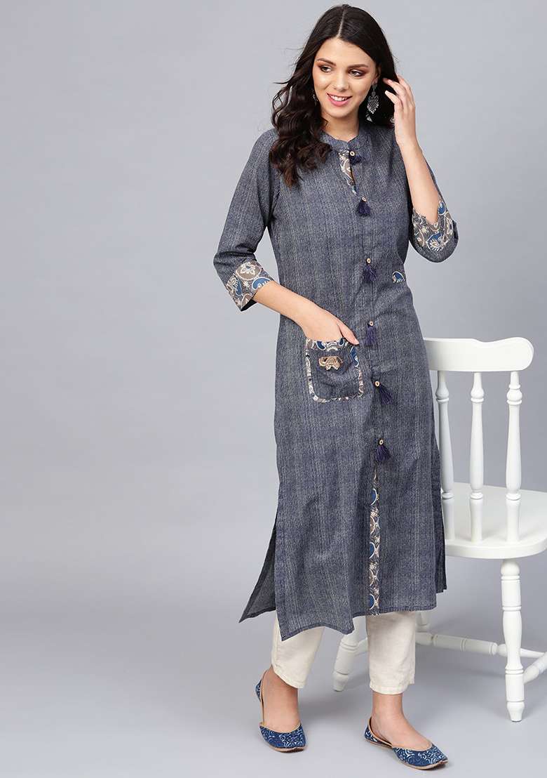 Blue Printed Cotton Straight Kurta Set - Indya