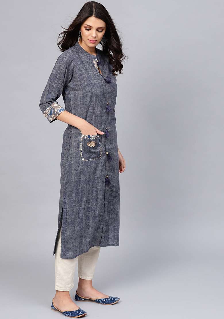 Blue Printed Cotton Straight Kurta Set - Indya