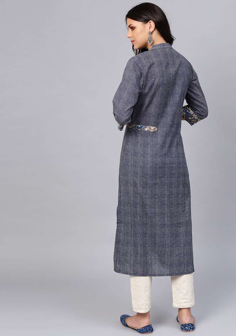 Blue Printed Cotton Straight Kurta Set - Indya