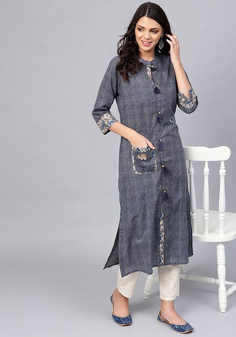 Blue Printed Cotton Straight Kurta Set