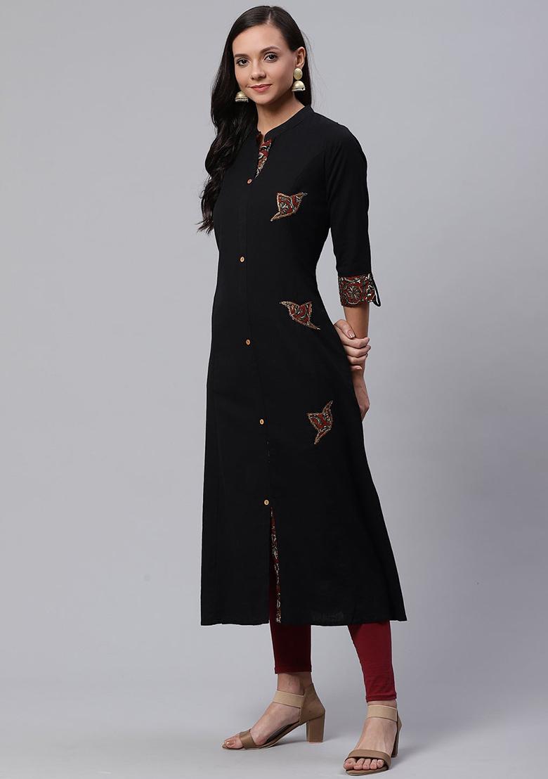 Black Sequin Embroidered Cotton Kurta - Indya