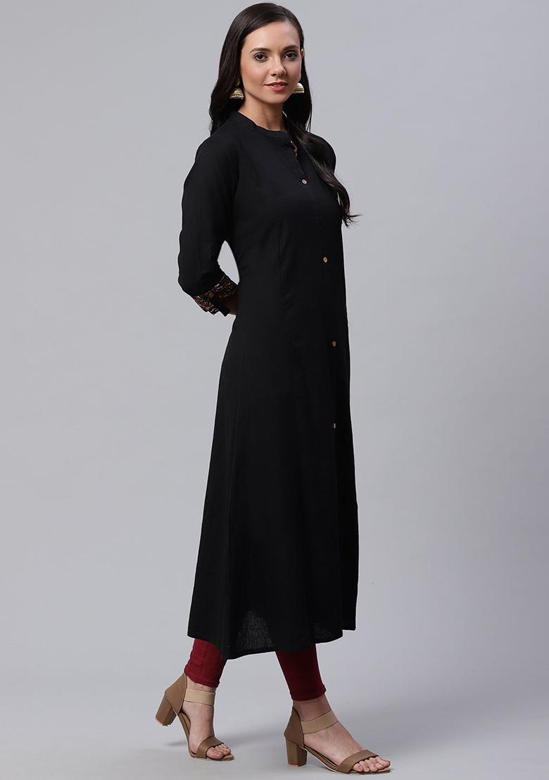 Black Sequin Embroidered Cotton Kurta - Indya