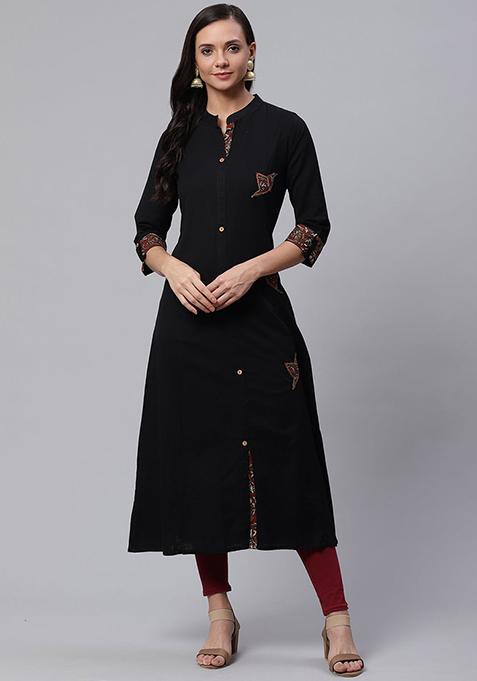 Black Sequin Embroidered Cotton Kurta