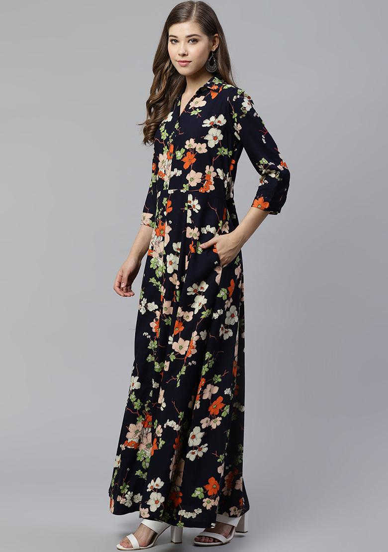 Blue Printed Rayon Kurta - Indya