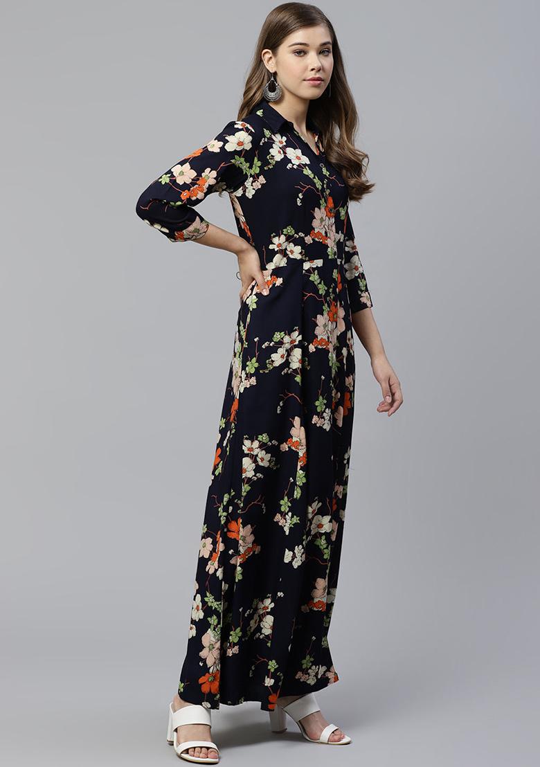 Blue Printed Rayon Kurta - Indya