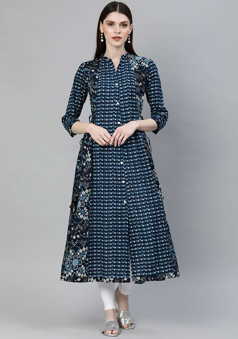 Blue Printed Cotton Kurta - Indya