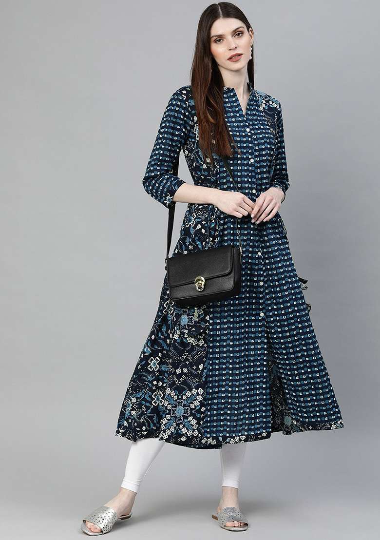 Blue Printed Cotton Kurta - Indya