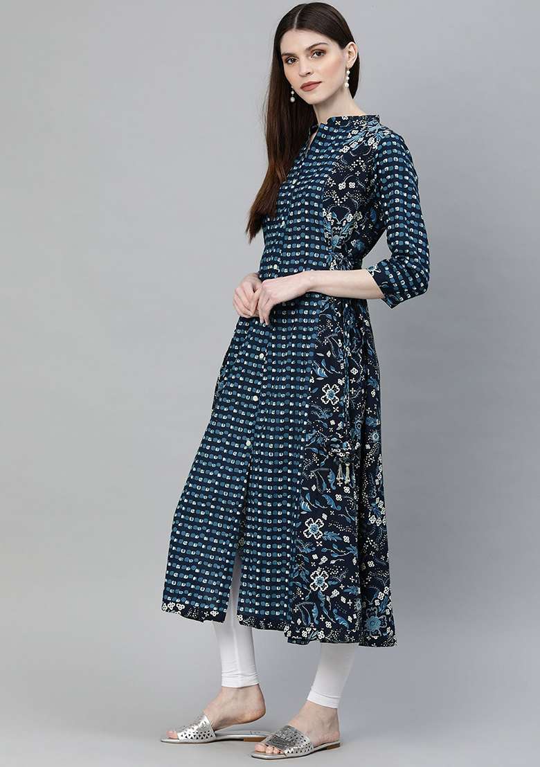 Blue Printed Cotton Kurta - Indya