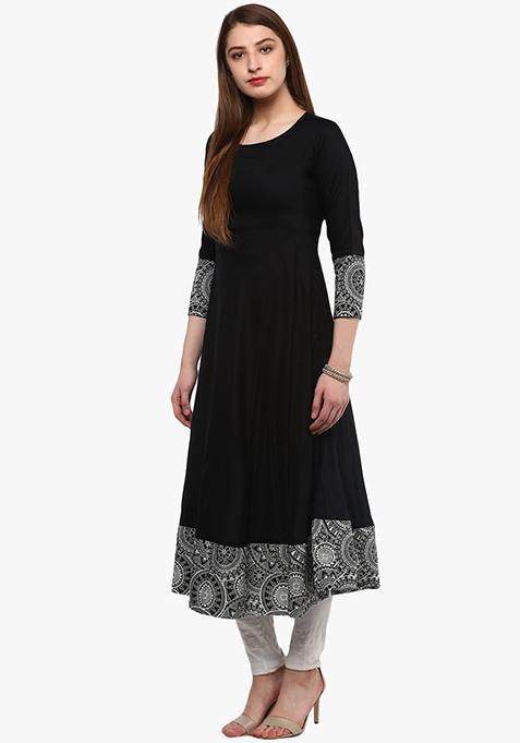 Black Printed Rayon Kurta