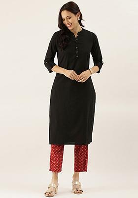 Black Solid Cotton Kurta