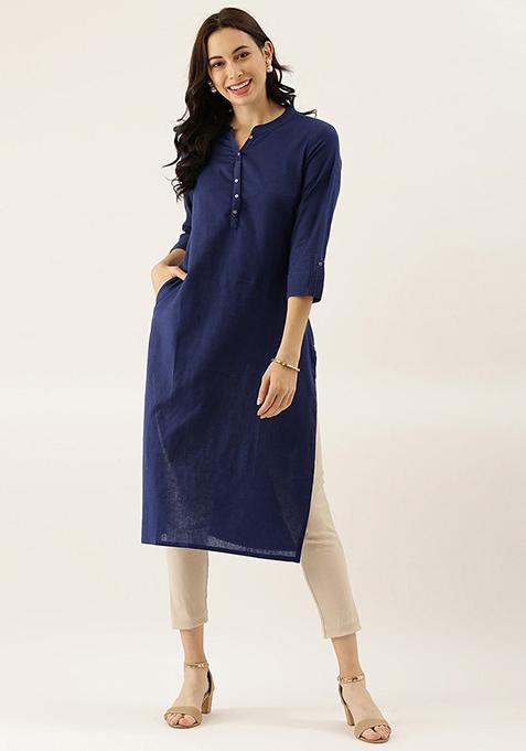 Blue Solid Cotton Kurta