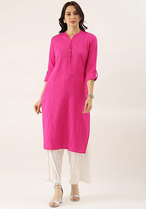 Pink Solid Cotton Kurta