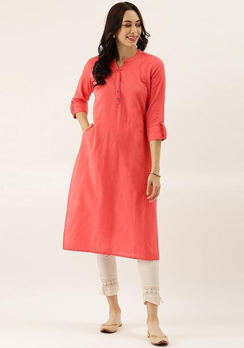 Peach Solid Cotton Kurta