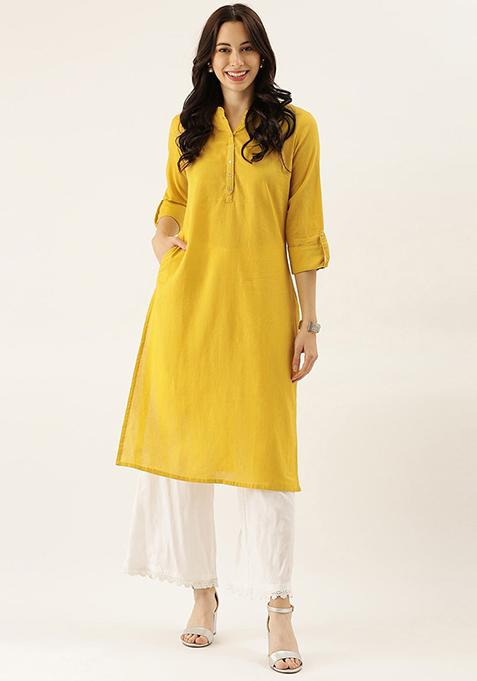 Yellow Solid Cotton Kurta