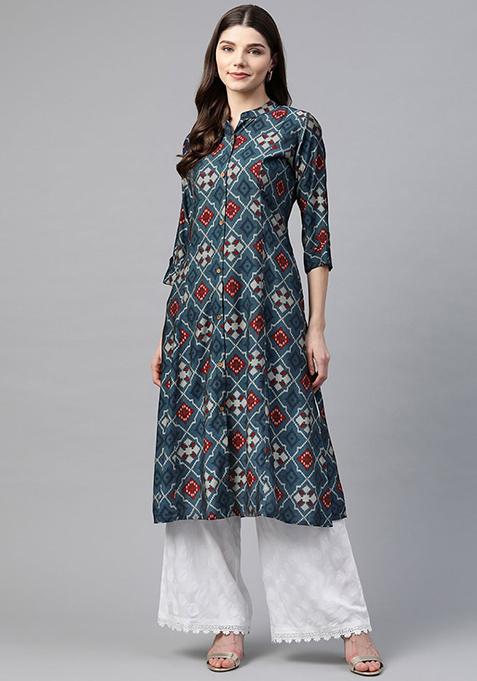 Blue Printed Rayon Kurta