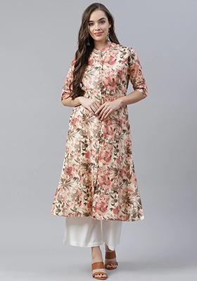 Cream Floral Print Cotton Kurta