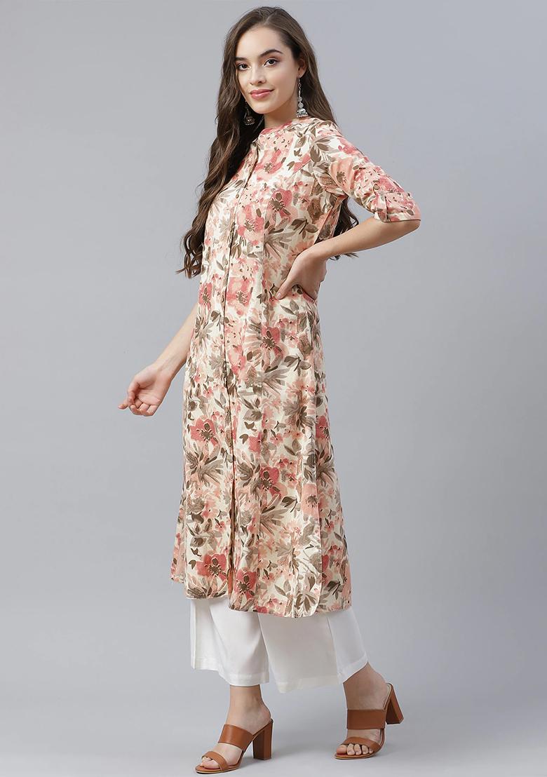 Cream Floral Print Cotton Kurta - Indya