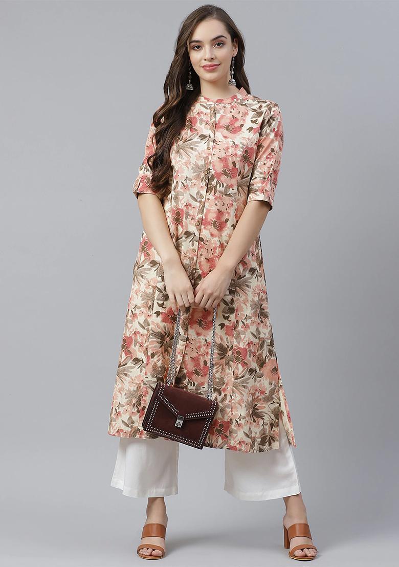 Cream Floral Print Cotton Kurta - Indya