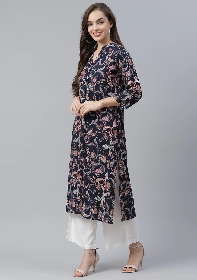 Blue Printed Rayon Kurta - Indya