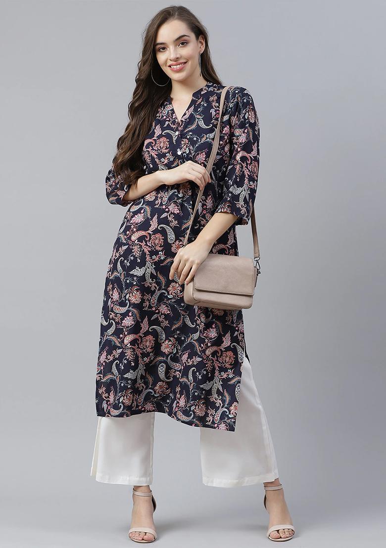 Blue Printed Rayon Kurta - Indya