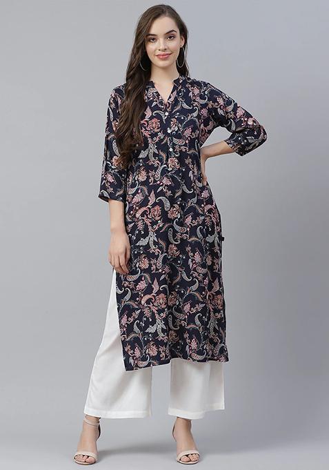 Blue Printed Rayon Kurta