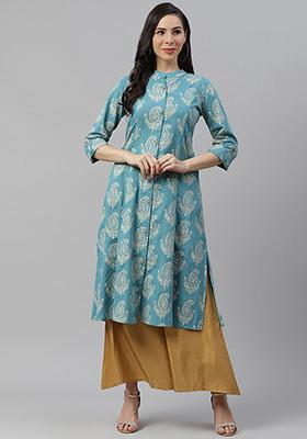 Blue Printed Cotton A Line Kurta Set