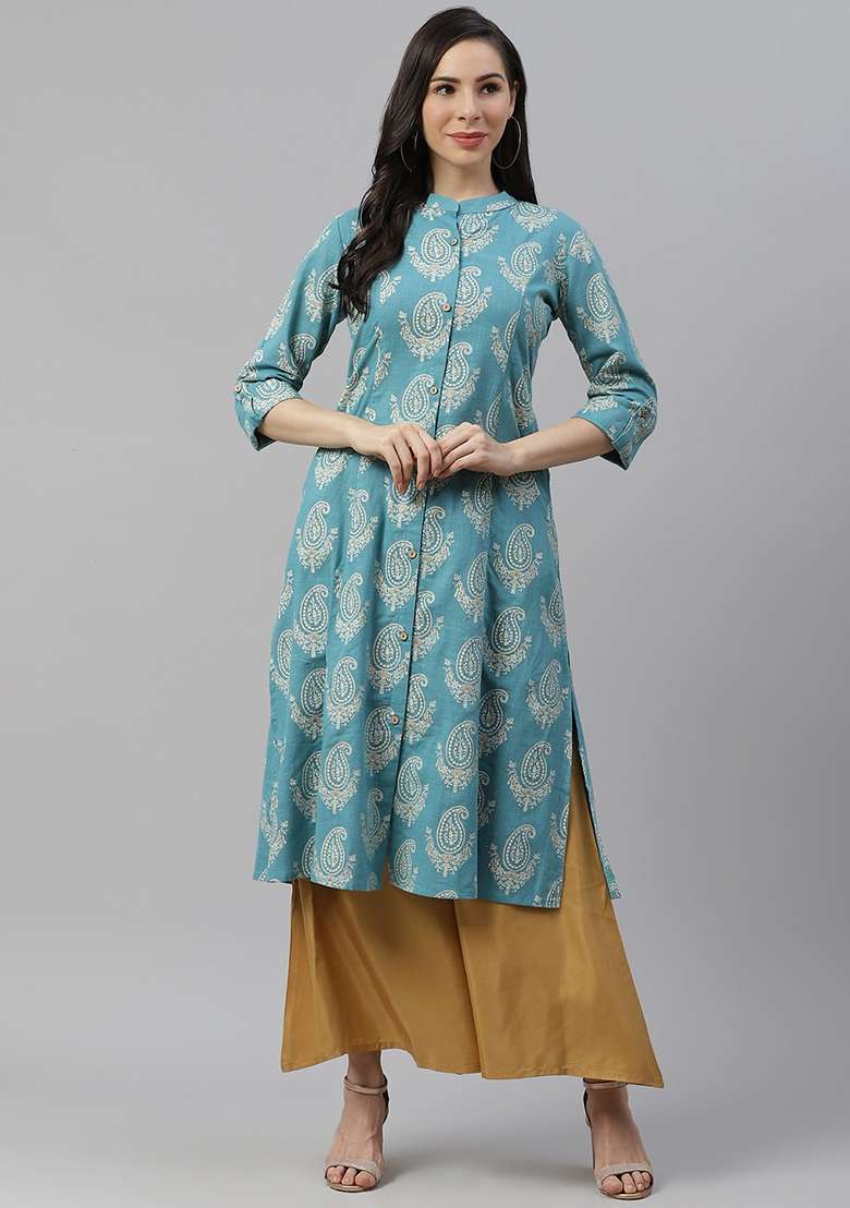Blue Printed Cotton A Line Kurta Set - Indya