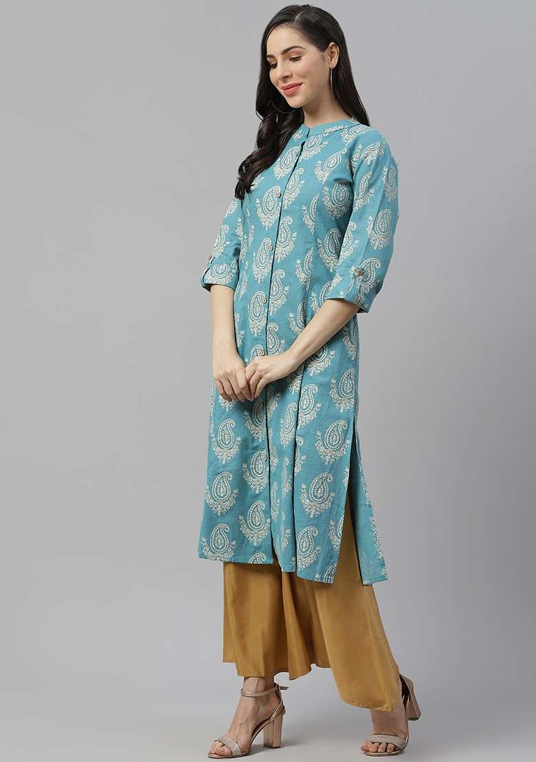 Blue Printed Cotton A Line Kurta Set - Indya