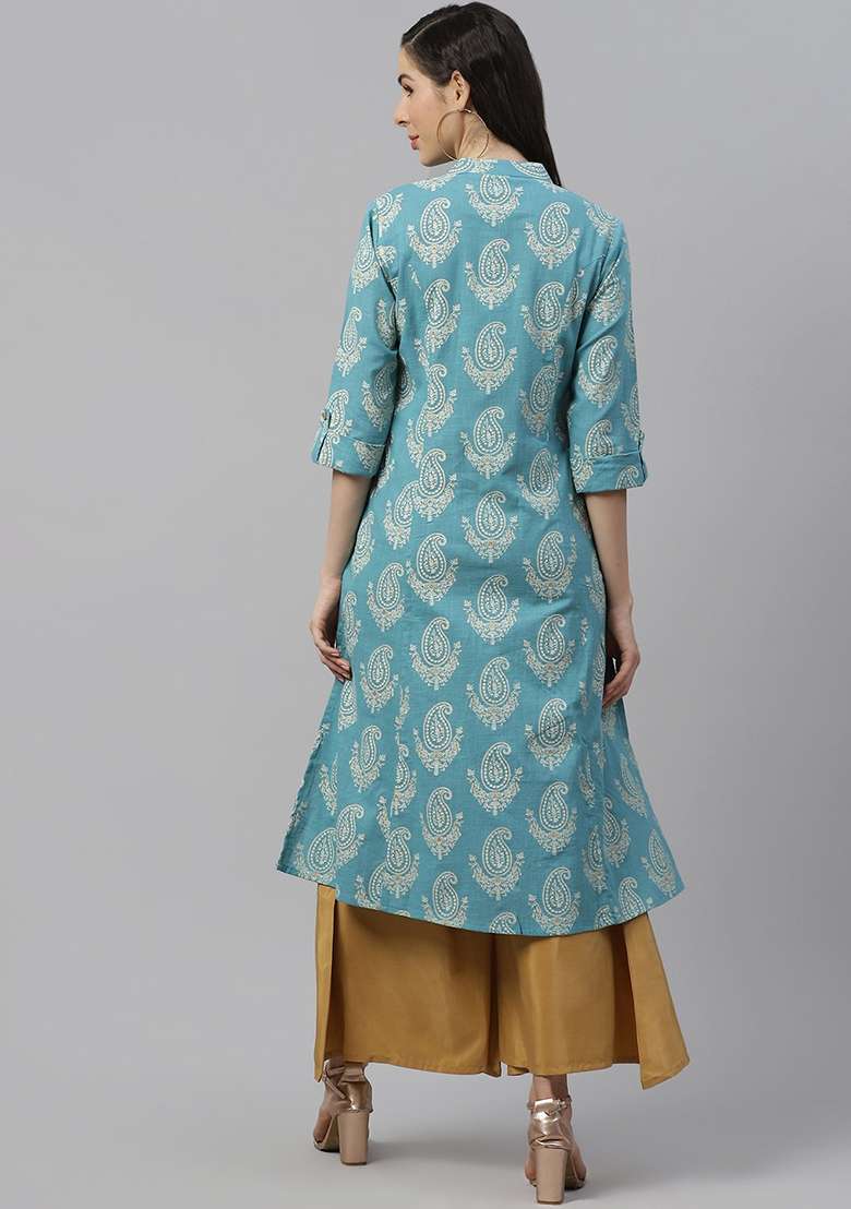 Blue Printed Cotton A Line Kurta Set - Indya