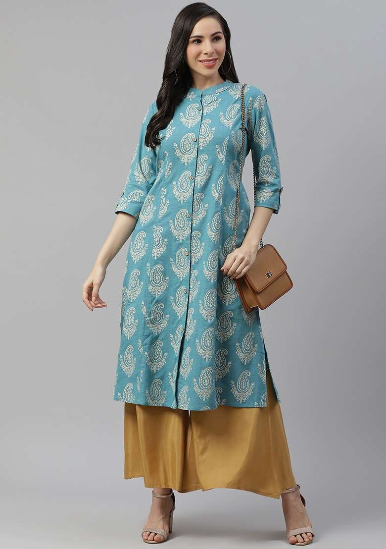 Blue Printed Cotton A Line Kurta Set - Indya