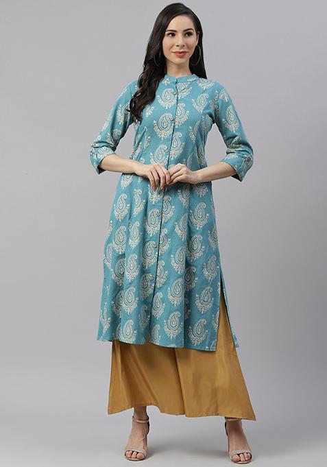 Blue Printed Cotton A Line Kurta Set
