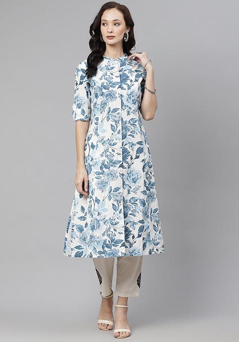 Blue Floral Print Cotton Kurta