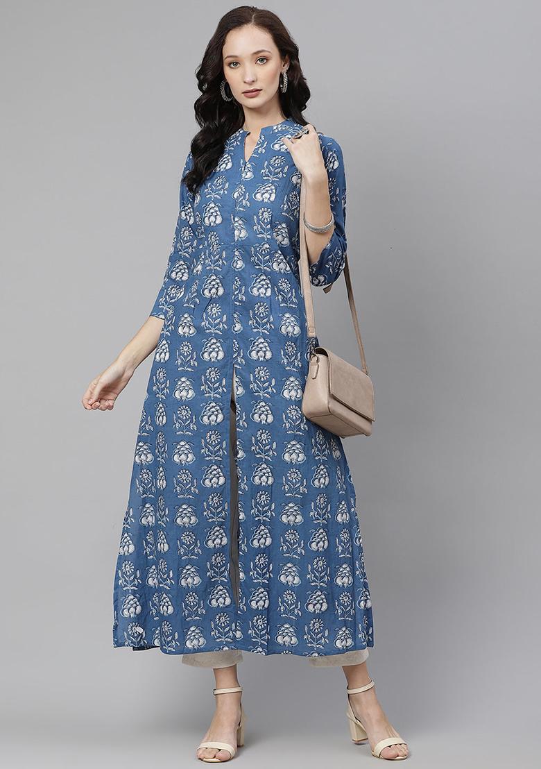 Blue Printed Cotton Kurta With Jacket