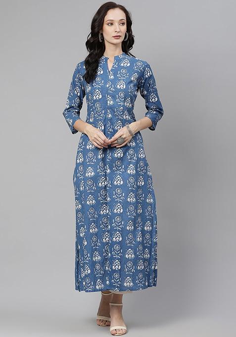 Blue Printed Cotton Kurta With Jacket