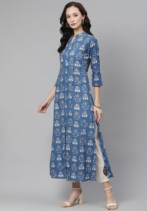 Blue Printed Cotton Kurta With Jacket