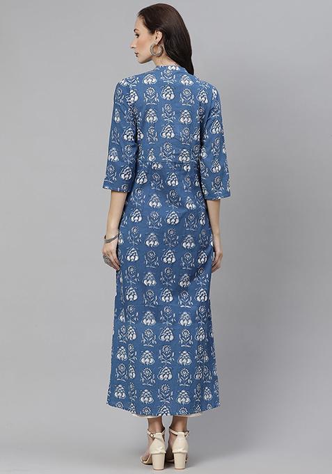 Blue Printed Cotton Kurta With Jacket