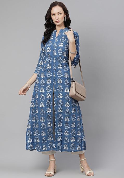 Blue Printed Cotton Kurta With Jacket